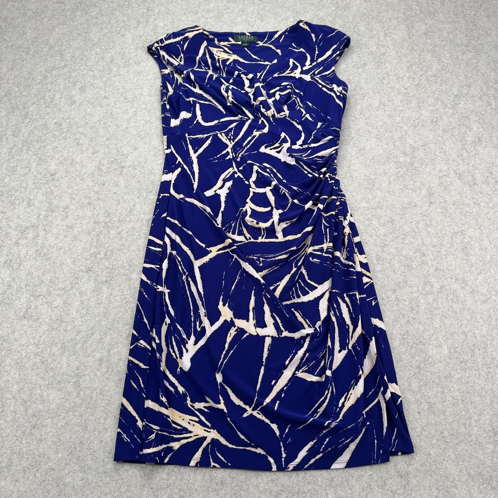 Lauren Ralph Lauren Dress Womens 10 Blue Abstract Floral Ruched Sheath V Neck